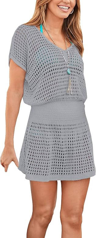 Wander Ago Beach Tops Sexy Knit Cover Dresses Bikini Cover-ups Nets Short Skirt | Amazon (US)