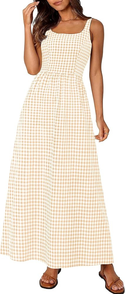 PRETTYGARDEN Women's 2026 Summer Spaghetti Strap Maxi Dresses Plaid Square Neck A Line Casual Bea... | Amazon (US)