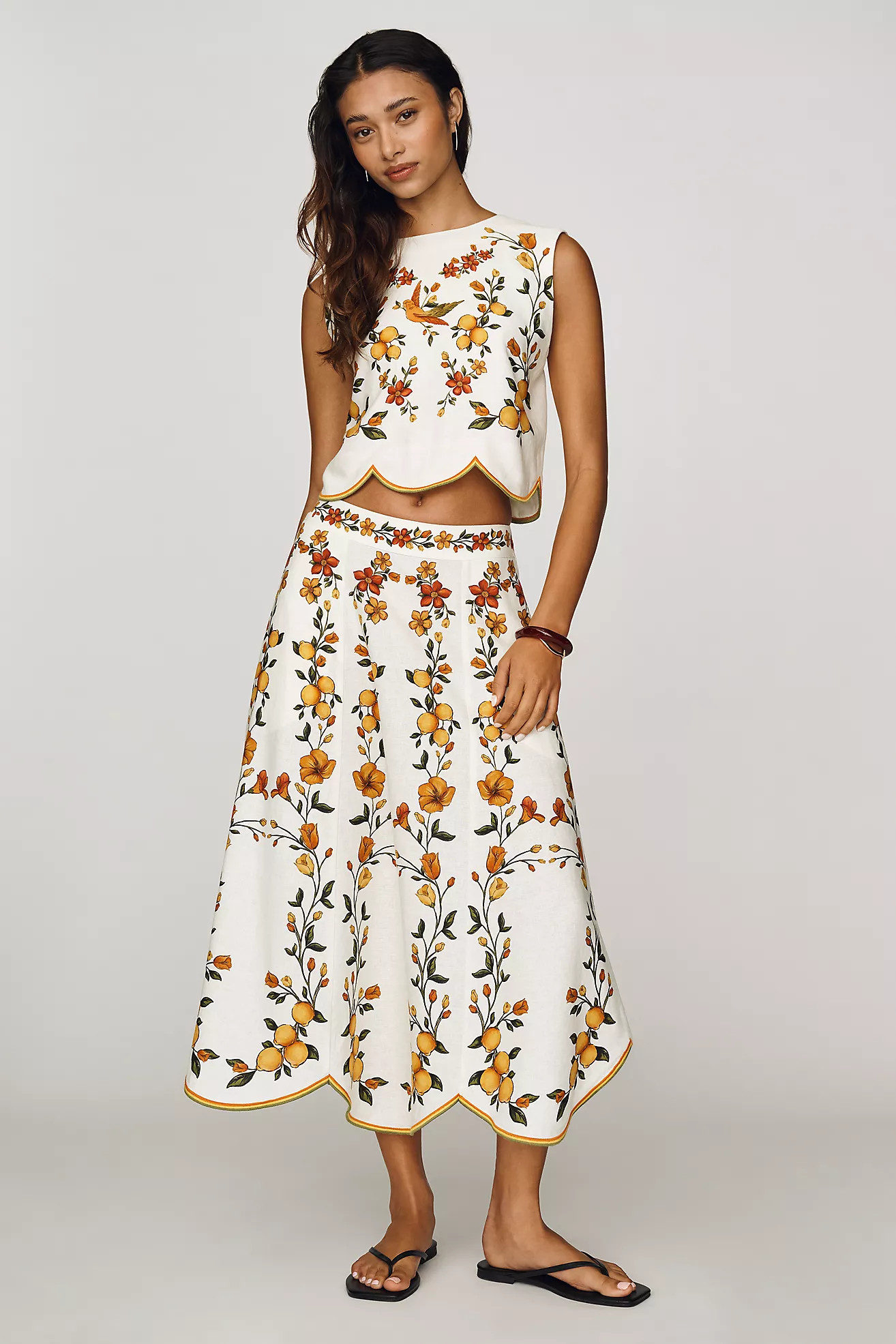 Farm Rio Lemon Bouquet Linen Blend Midi Skirt | Anthropologie (US)