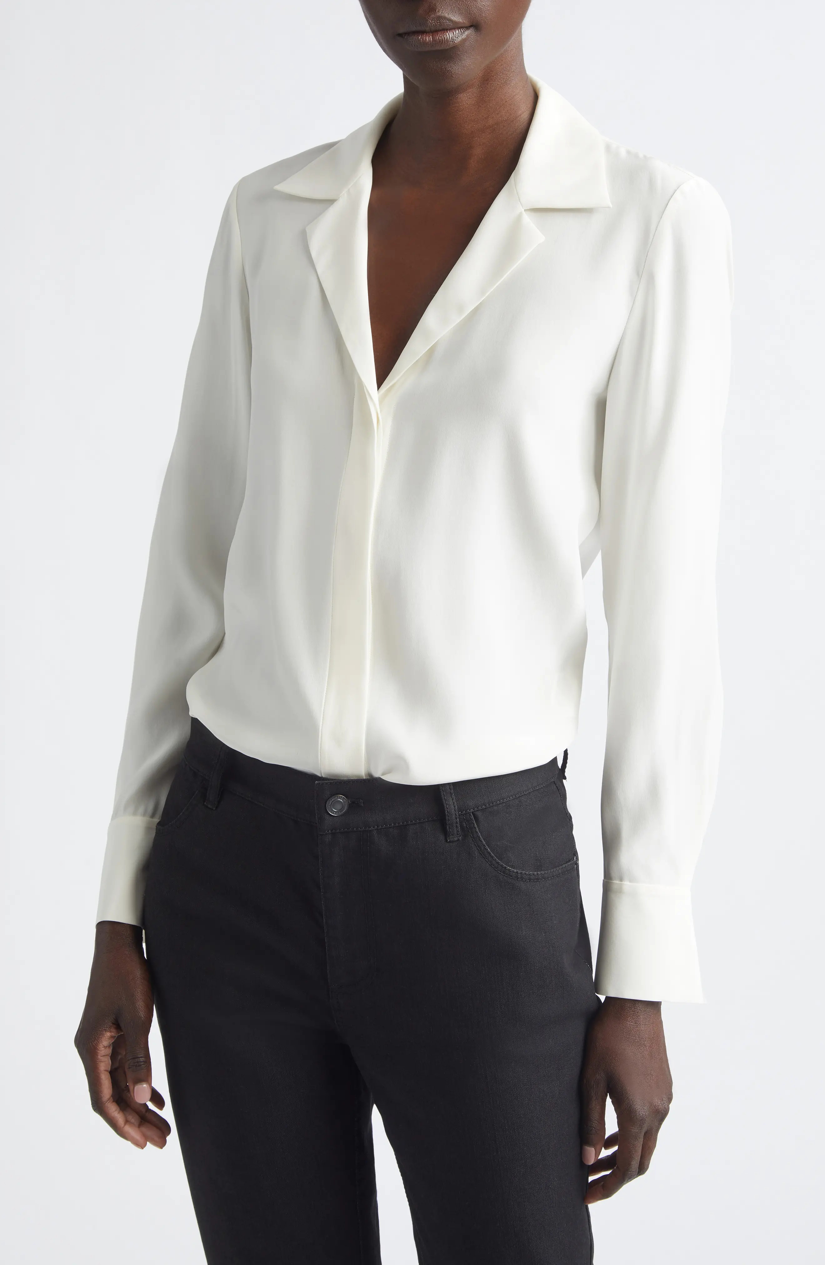 Lafayette 148 New York Scottie Notched Collar Silk Button-Up Shirt (Women) | Nordstrom | Nordstrom