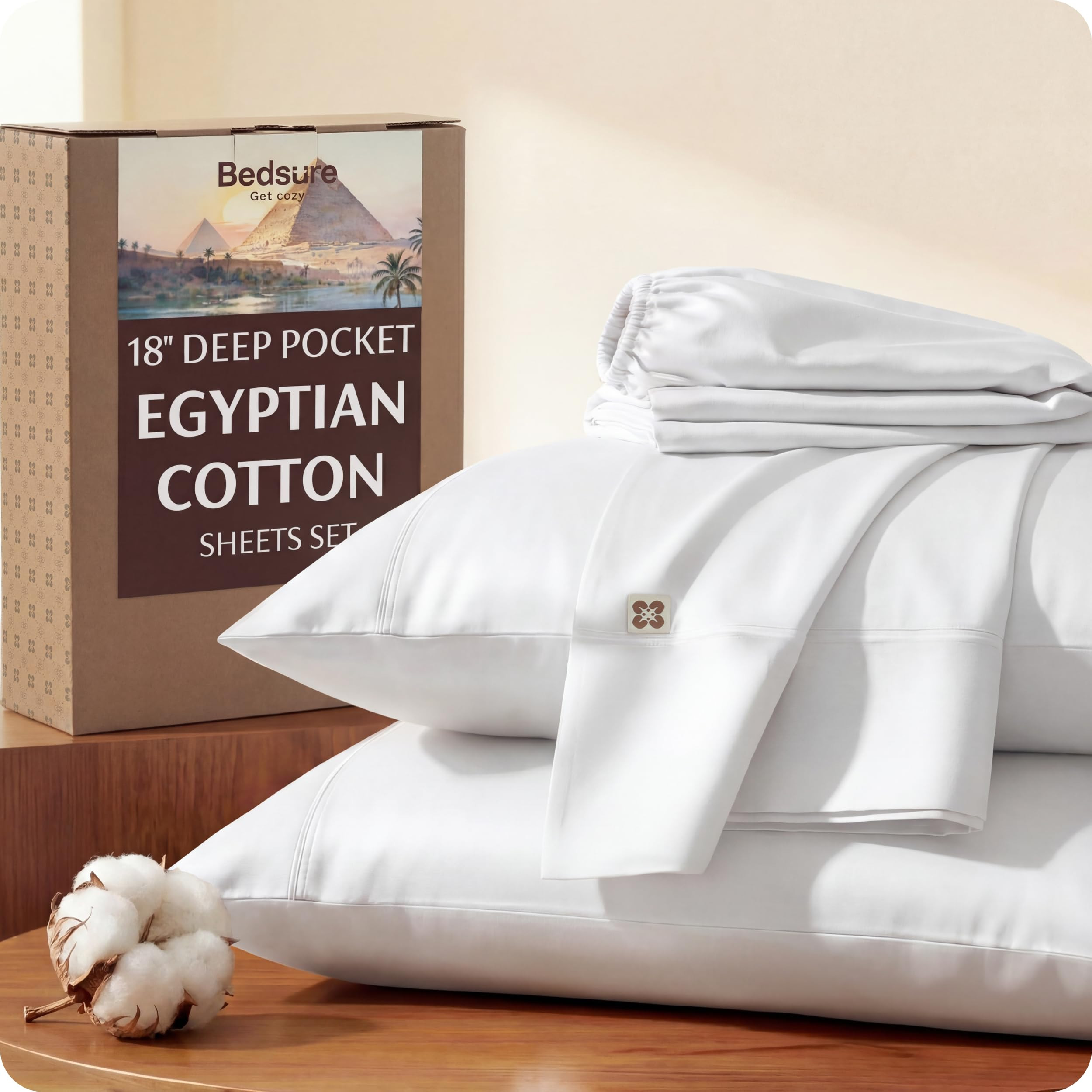 Bedsure 100% Giza Egyptian Cotton Sheets King Size - Luxury Hotel Sheets 18 Inches Deep Pocket with 4 Corner Straps, PureWoven Soft & Beathable Sateen Weave Bedsheets (White, King) | Amazon (US)