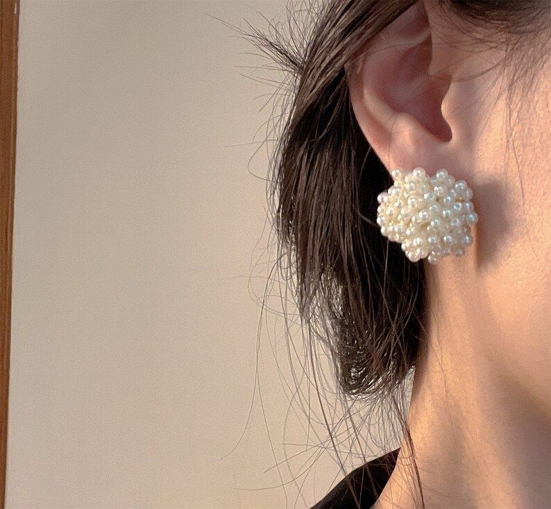 Beaded Pearl Cluster Earrings, Vintage Handmade Beaded Pearl Ear Studs, Pearl Ball Earrings,s925 ... | Etsy (US)