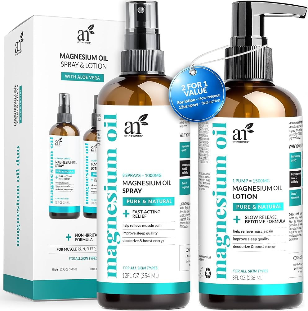 Artnaturals Magnesium Oil Spray 12oz + Body Lotion 8oz Set with Aloe Vera - Pure Topical Magnesiu... | Amazon (US)