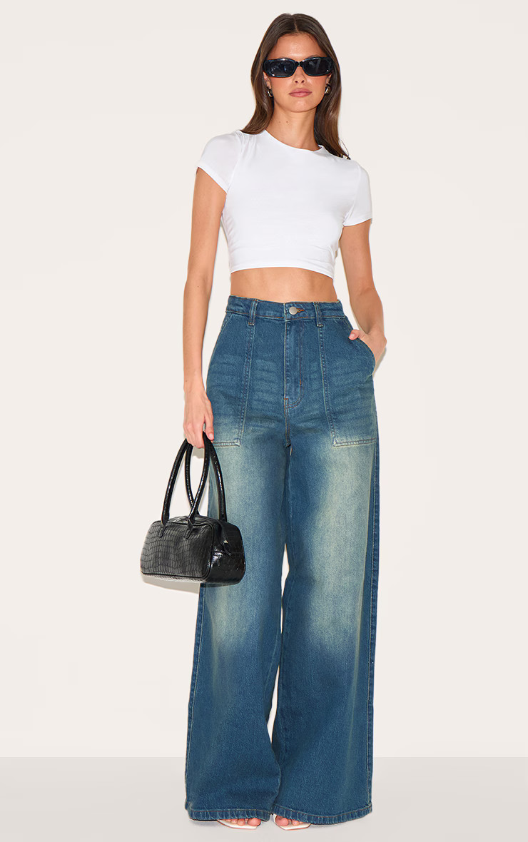 Vintage Wash Mid Rise Wide Leg Style Jeans | PrettyLittleThing US