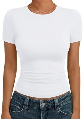 AUTOMET Women's Crew Neck Short Sleeve Summer Basic T-Shirt Stretchy Tight Fitted Soft Going Out ... | Amazon (US)