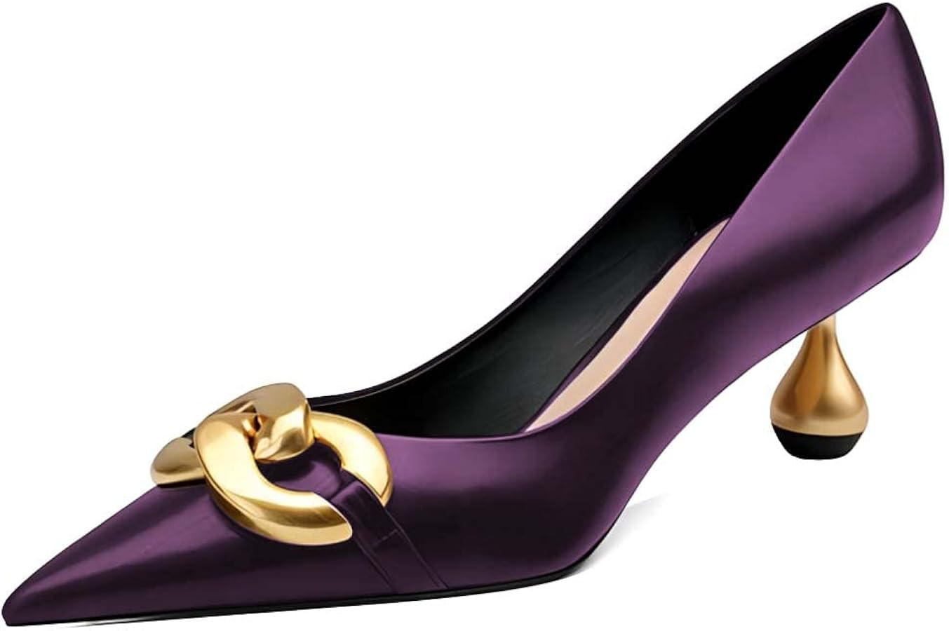 XYD Low Heel Closed Pointed Toe Pumps with Metal Chain Solid Golden Heeled Shoes for Women Slip O... | Amazon (US)
