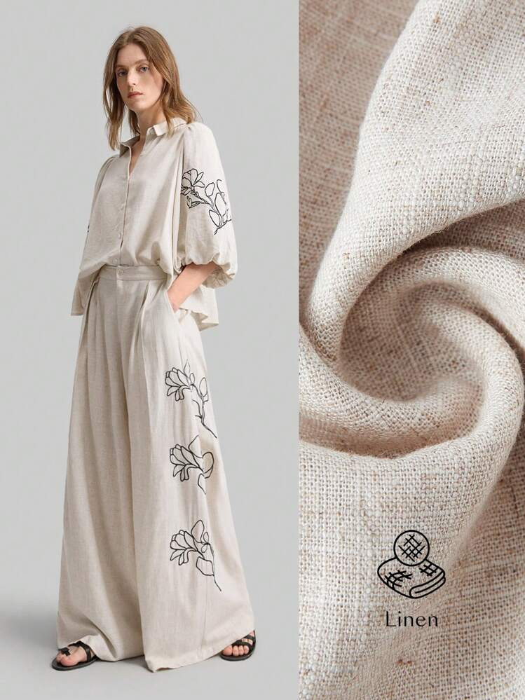Ontre 2026SS Women's 2-Piece Set, Business Casual Basic Versatile Apricot Slimming Floral Print Lantern Sleeve Shirt And Pocket Wide Leg Pants, Casual Urban Minimalist Fashion Commuter Elegant Outfit, Suitable For Teacher's Day, Island Vacation, Independence Day, 'S Day, Beach, Graduation, Office, Embroidery Design Solid Apricot Khaki 2-Piece Set, Puff Sleeve Top And Wide Leg Pants, Fashionable Versatile Women's 2-Piece Set | SHEIN
