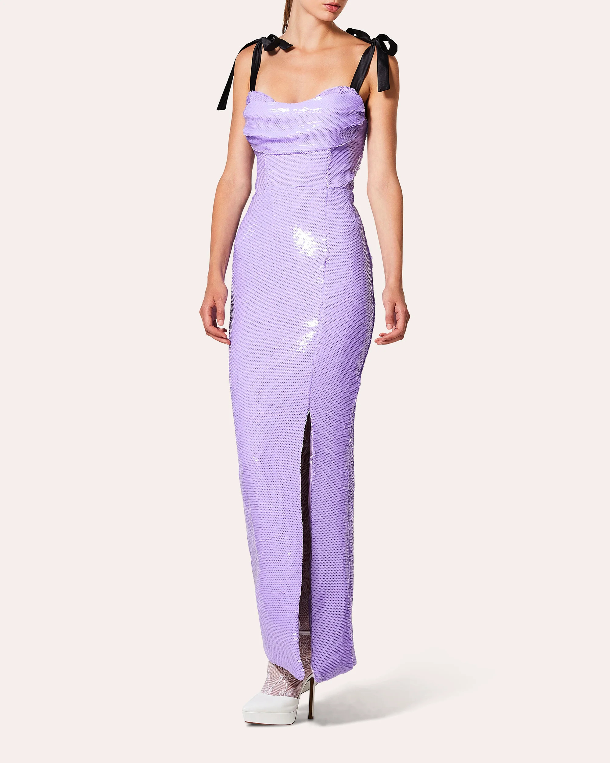 RVNG Couture Women's Taylor Draped Sequin Gown in Purple Polyester/Spandex | Olivela