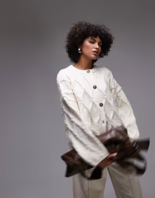 Topshop knitted cable detail clean crew oversized cardi in white | ASOS (Global)