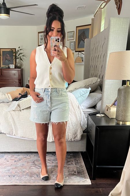 Trendy spring casual/dressy outfit! Cream sweater vest with jean shorts and these neutral flats make the perfect outfit for any spring occasion!

#LTKSeasonal #LTKStyleTip