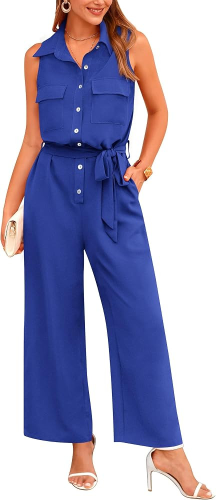 PRETTYGARDEN Women's Summer Jumpsuits Dressy Casual Sleeveless Button Up Belted Long Pants Romper... | Amazon (CA)