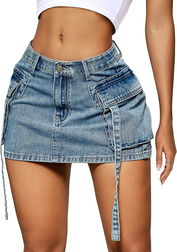 Womens Cargo Skirt Low Waist Button Denim Mini Skirt Summer Y2k Jean Skirt with Flap Pockets | Amazon (US)
