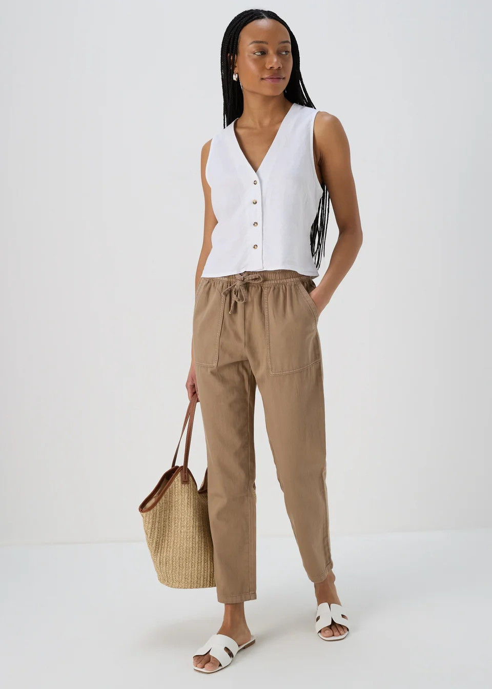 White Solid Linen Button Vest - Size 16 | Matalan (UK)