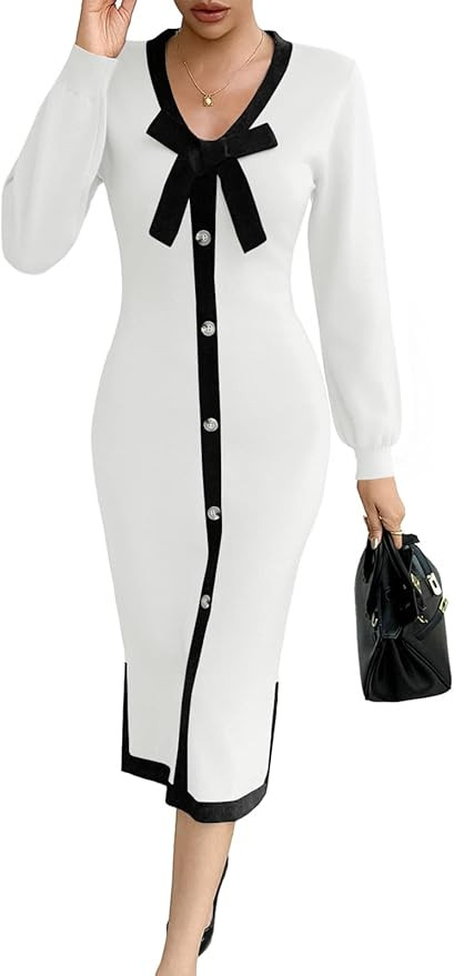Wenrine Womens V Neck Sweater Dress Fall Long Sleeve Button Knit Bodycon Color Block Bow Tie Eleg... | Amazon (US)