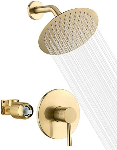 sumerain Brushed Gold Shower Faucet Set with 8 Inches Stainless Steel Rain Shower Head, Solid Brass  | Amazon (US)