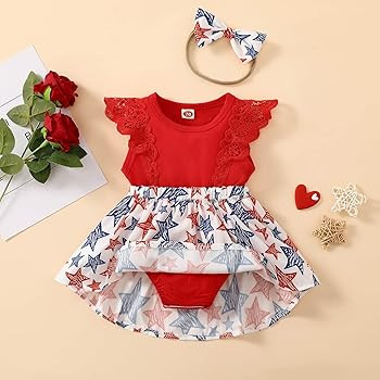 Guodeunh Newborn Baby Girl Independence Day Outfit 4th of July Dress Ruffle Lace Romper Sleeveles... | Amazon (US)