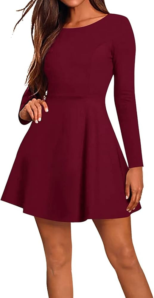 Jusfitsu Women's Long Sleeve Short Skater Casual A-line Dress Elegant Swing Dress Crewneck for Fa... | Amazon (US)