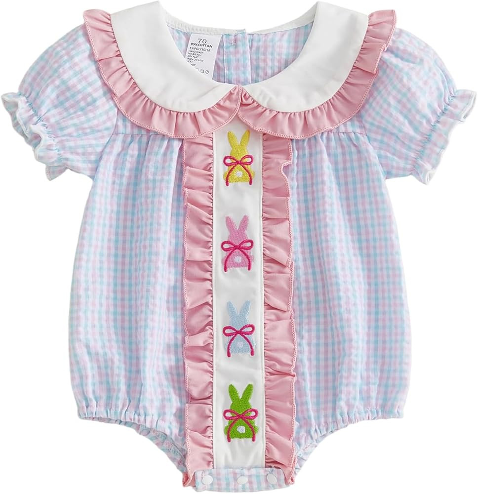 Baby Girl Easter Outfit Bunny Embroidery Onesie Infant Short Sleeve Bubble Romper Cute Easter Clo... | Amazon (US)