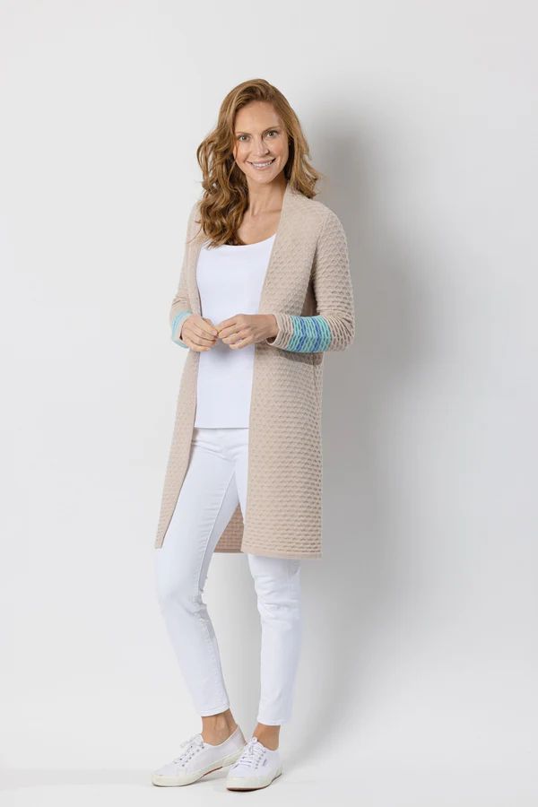 Camel Drape Front Cardigan Sweater with Stripes | Sail to Sable