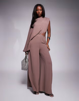 ASOS DESIGN one shoulder blouson sleeve cut out jumpsuit in brown | ASOS (Global)