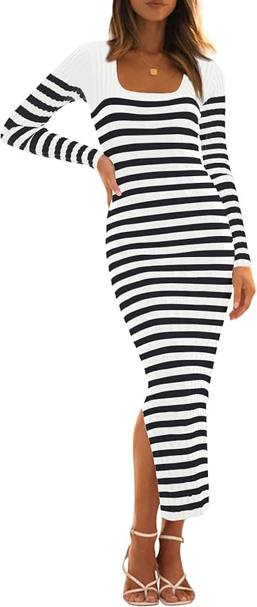 MEROKEETY Women's Fall Long Sleeve Striped Sweater Dress Bodycon Square Neck Ribbed Knit Slit Mid... | Amazon (US)