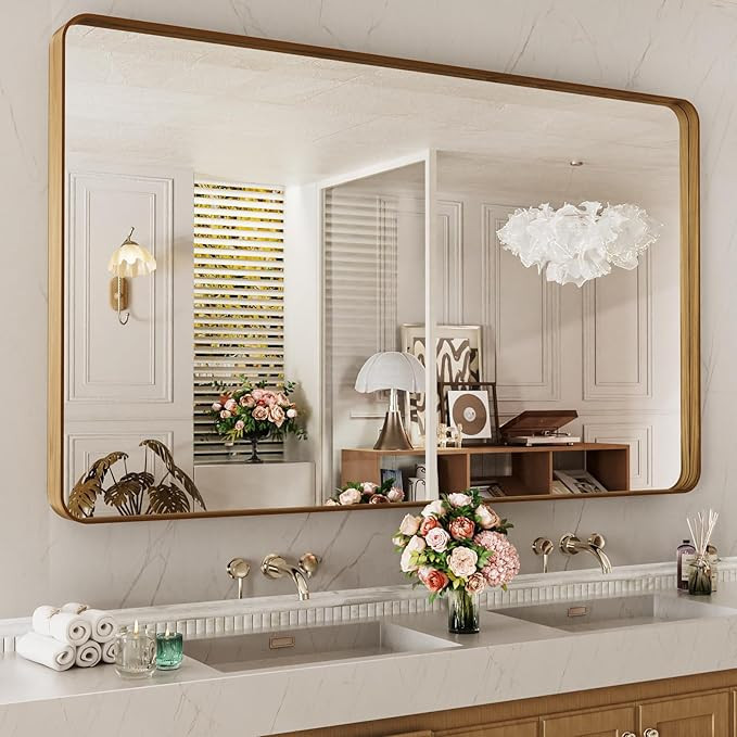 LOAAO 60X36 Inch Bathroom Mirror with Wood Grain Colored Metal Frame, Rounded Rectangle Metal Fra... | Amazon (US)