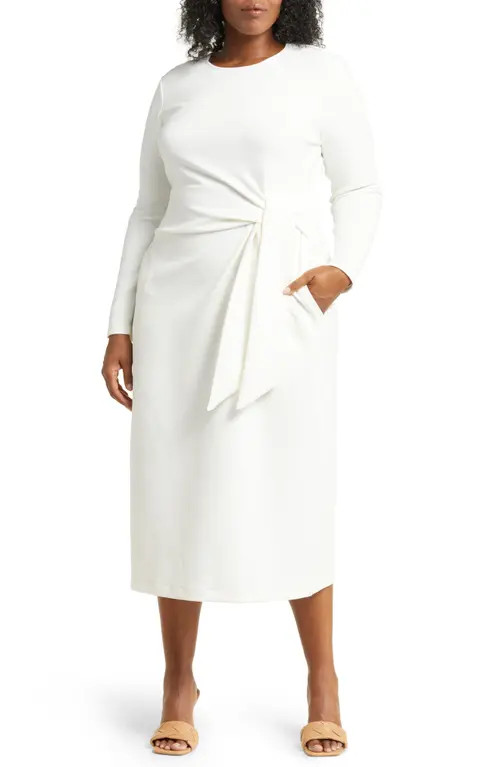Nordstrom Tie Waist Long Sleeve Midi Dress in Ivory Cloud at Nordstrom, Size 1X | Nordstrom