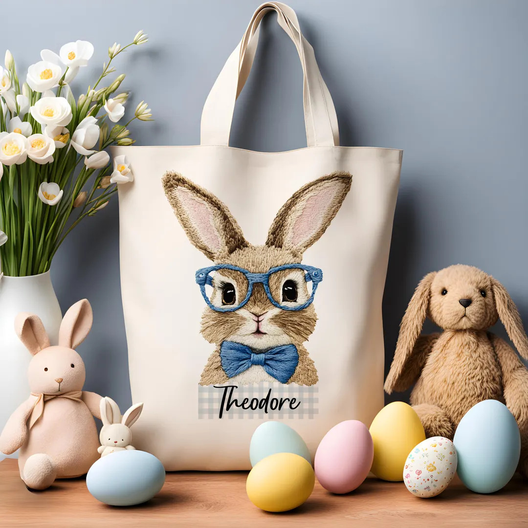 Custom Retro Easter Bunny Faux Embroidery Canvas Tote Bag | Personalized Easter Egg Hunt Bucket |... | Etsy (US)