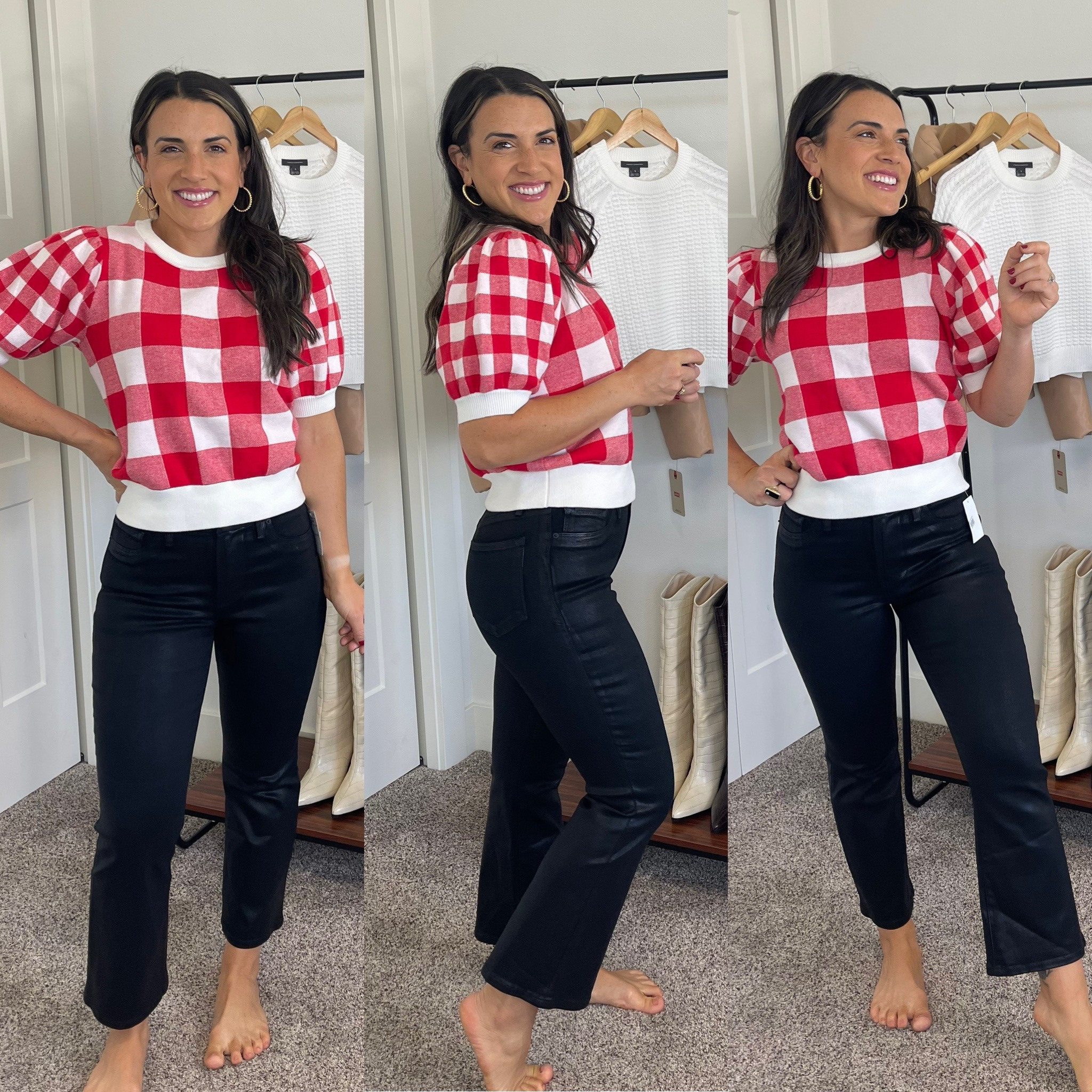 N. Sale | Nordstrom anniversary sale | game day look | red and white | gingham sweater | puff sleeve | coated jeans | black jeans | cropped bootcut | flare jeans | good American | fall style | feminine style 

Top fits true to size. 
Size up in jeans if between sizes. 
I’m wearing my true size in both. 
Small in top 2 in jeans 

#LTKxNSale #LTKSeasonal #LTKsalealert