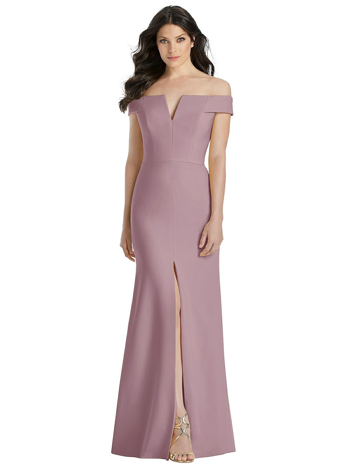 Off-the-Shoulder Notch Trumpet Gown with Front Slit | The Dessy Group