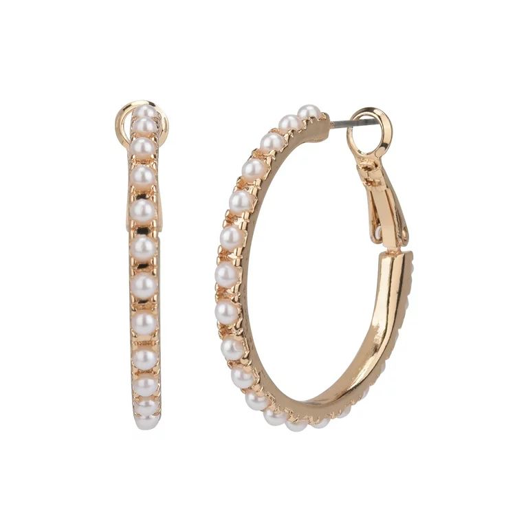 Time and Tru Women's Gold Faux Pearl Bead Hoop Earring | Walmart (US)