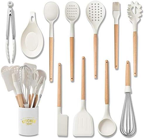 White Cooking Utensils set - Silicone Kitchen Tools Set with Wood handle for Nonstick Utensils Co... | Amazon (US)