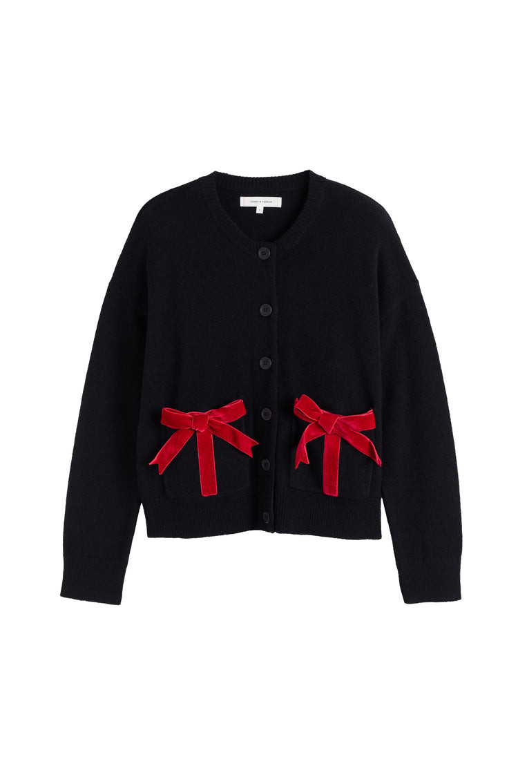 Black Wool-Cashmere Velvet Bow Cardigan | Chinti & Parker