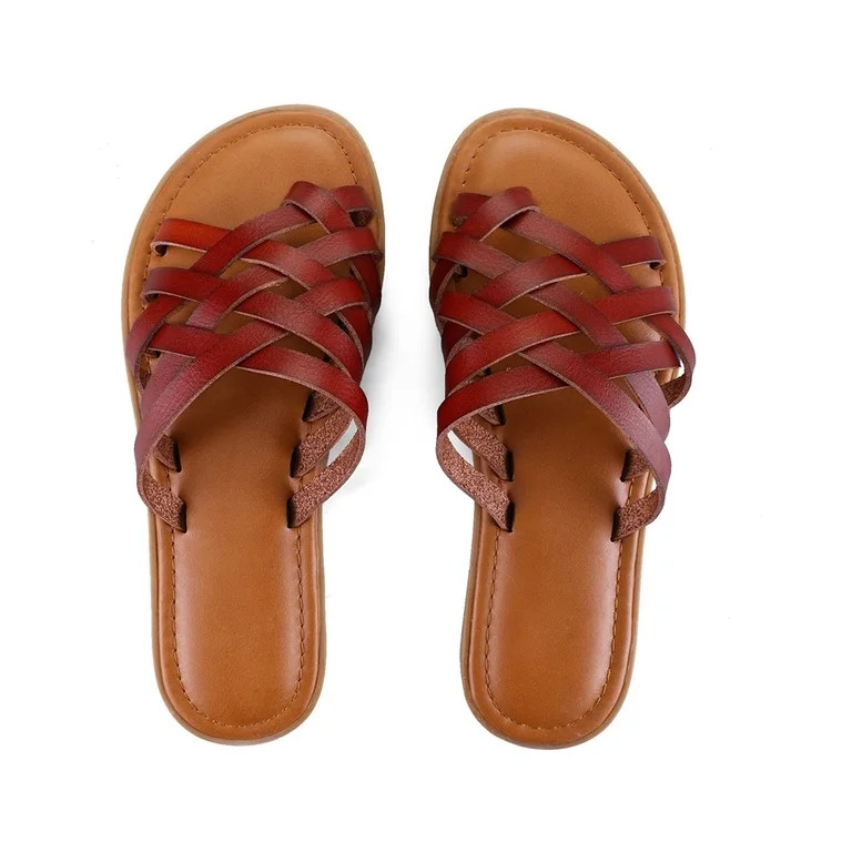 Mysoft Women Strappy Slippers Summer Brown Flat Sandals Size 6 | Walmart (US)