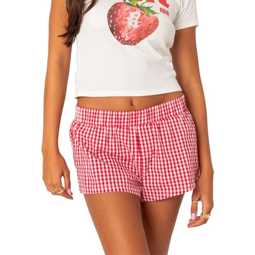 Y2k Gingham Boxers Shorts Plaid Lounge Shorts for Women Cute Low Rise Micro Button Striped Pajamas Bottoms Summer Loose Fit Checkered Pj Shorts Beach Wear (O Checkered Red, L) | Amazon (US)