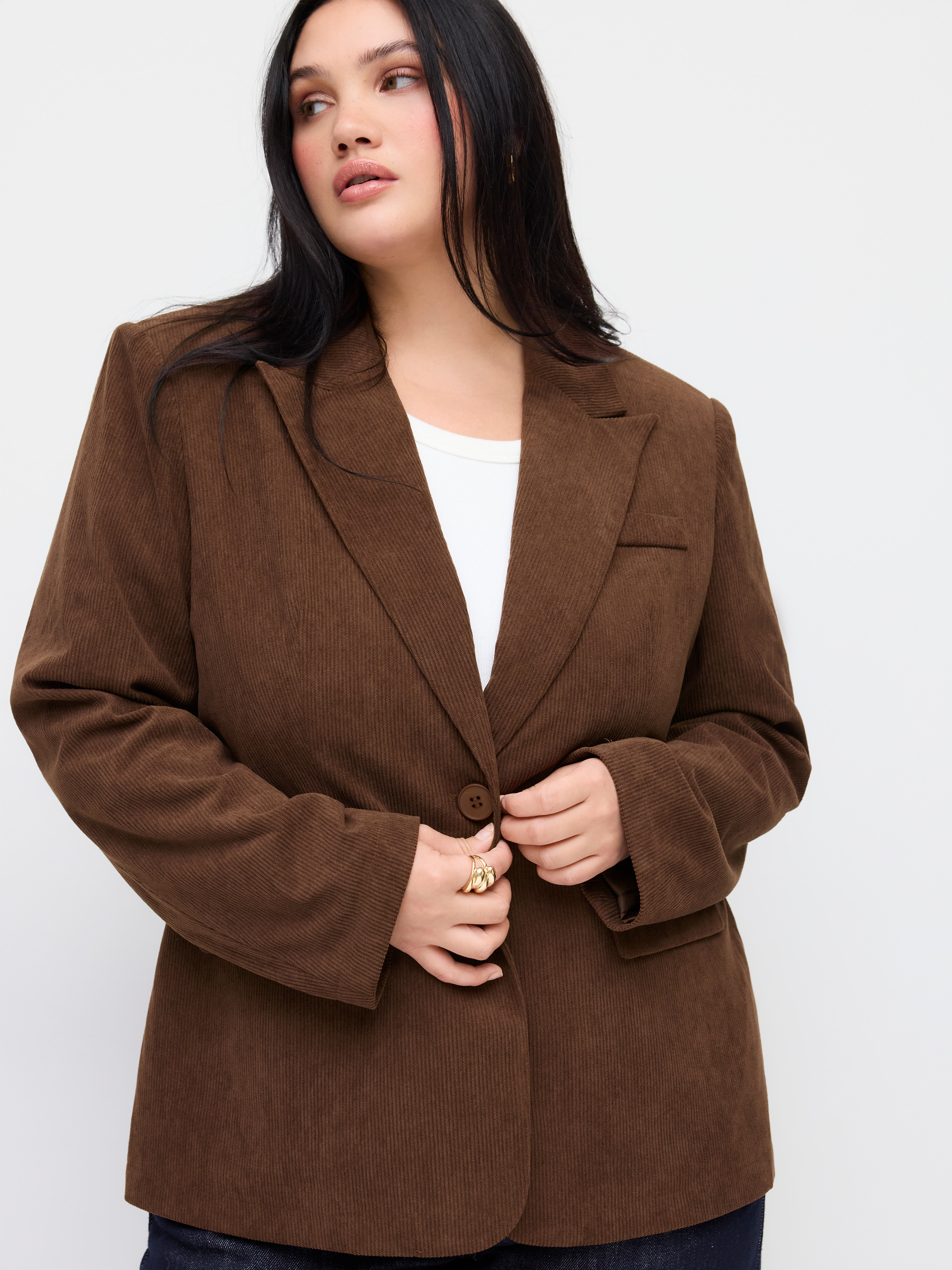 Corduroy Corduroy Notched Collar Long Sleeve Blazer Curve & Plus For Work | Cider