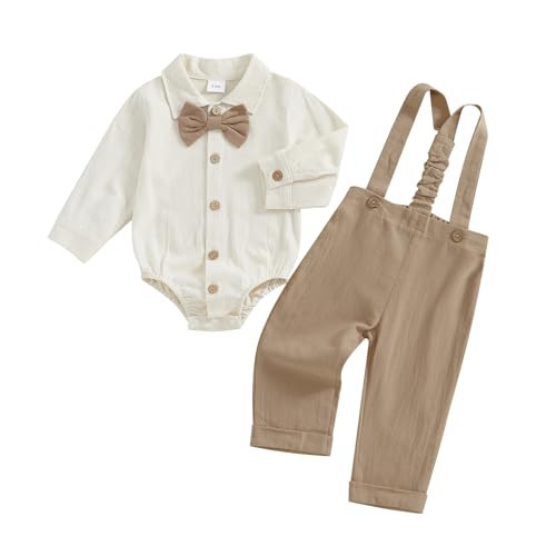 PUHHAPIEY Infant Baby Boys Gentleman Outfits Long Sleeve Bowtie Romper+Suspender Overalls Pants Set Wedding Set Formal (Khaki, 6-9 Months) | Amazon (US)