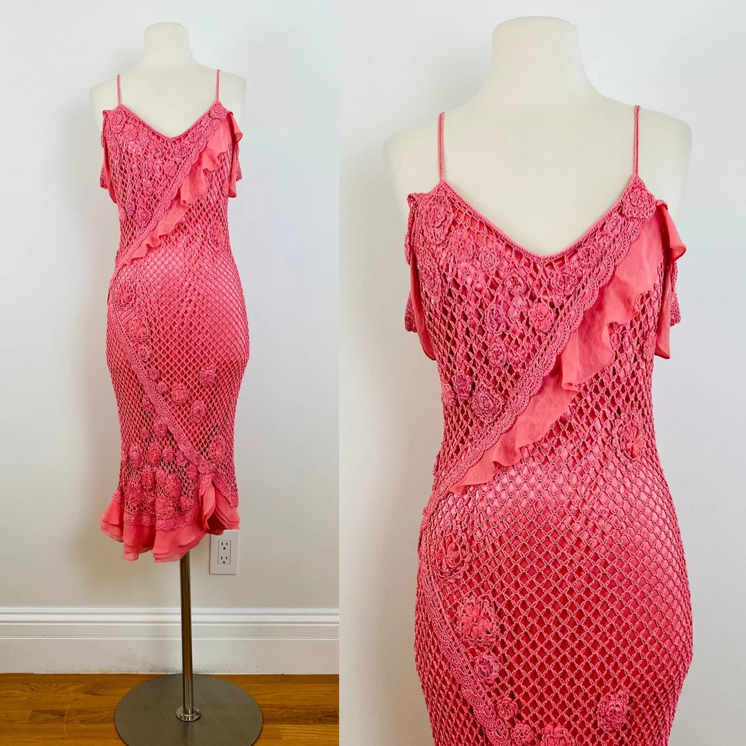 Vintage 1990s 90s Sue Wong Bias Coral Crochet Midi Ruffle Bias Dress Flowers | Etsy (US)