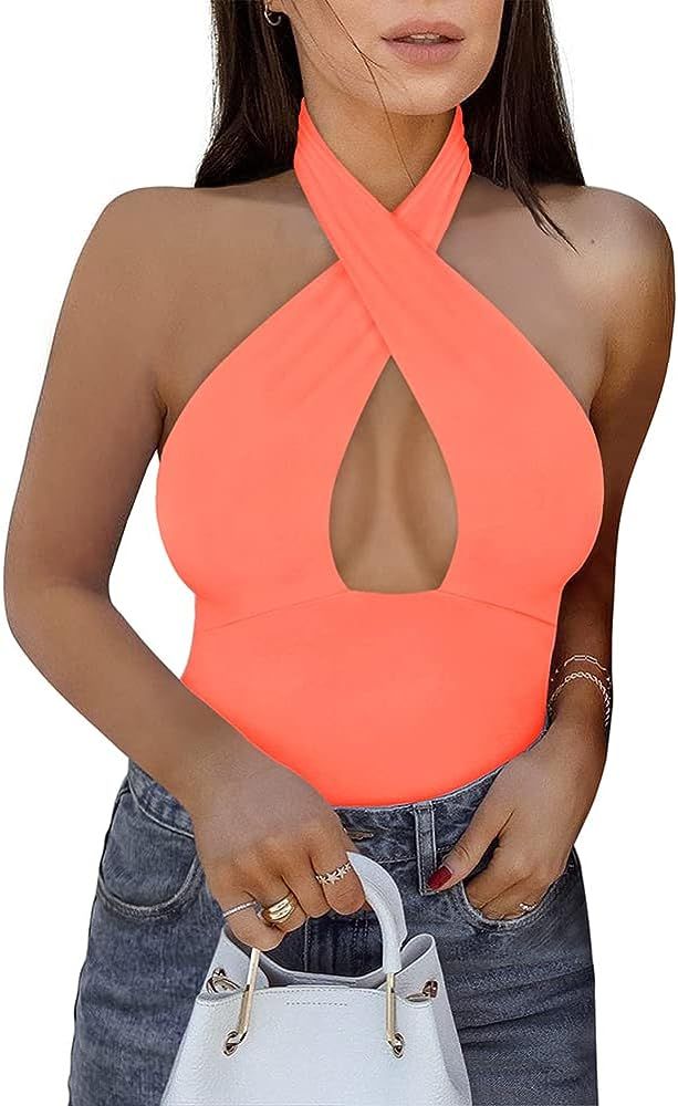 REORIA Women's Sexy Criss Cross Halter Neck Sleeveless Thong Bodysuits Tops Clubwear | Amazon (US)