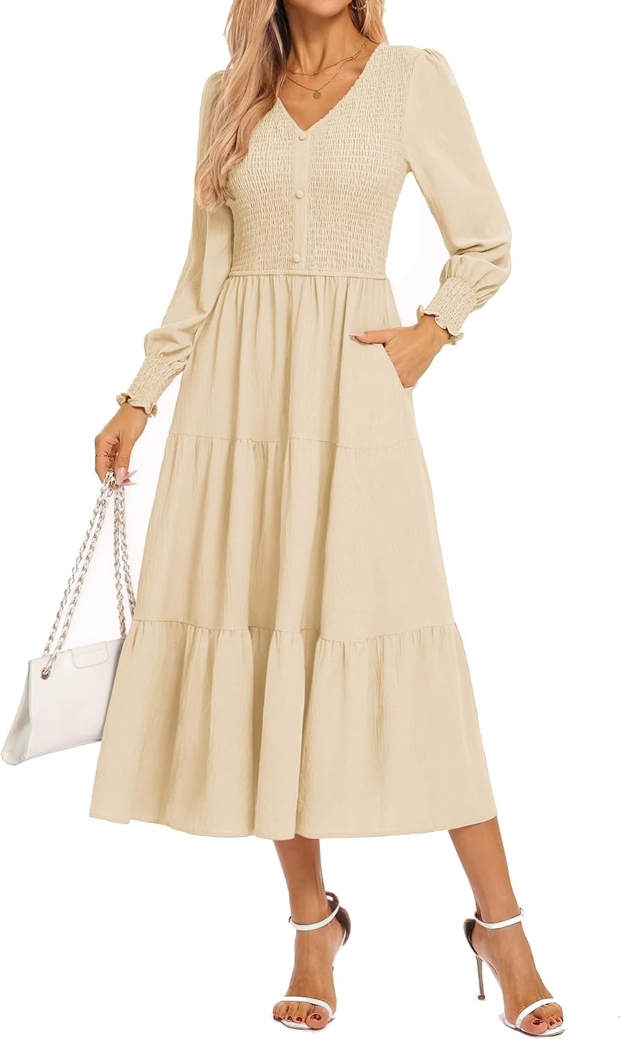 Kate Kasin Womens Long Sleeve Mixi Dress, Smocked Work Dress with Pockets, Elegant Fall Dresses 2025 | Amazon (US)