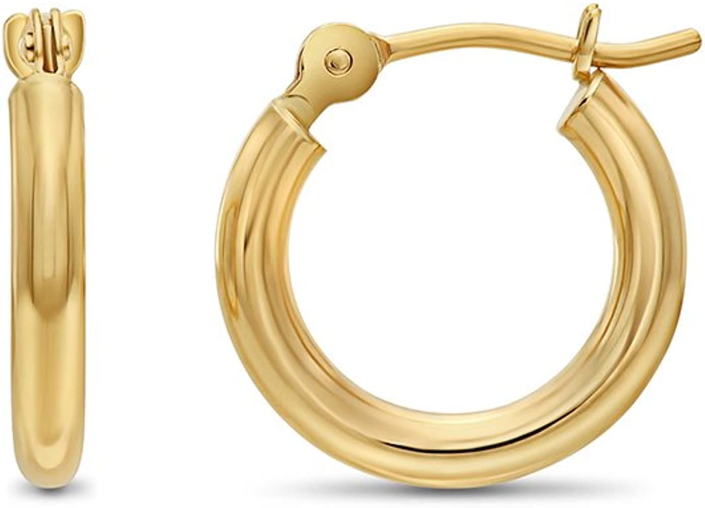 14k Yellow Gold Classic Shiny Polished Round Hoop Earrings, 2mm tube | Amazon (US)