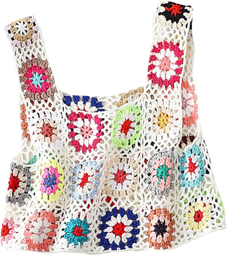 Womens Crochet Tank Top with Tassels Cover Ups Knit Colorful Floral Embroidery Summer Boho Camiso... | Amazon (US)
