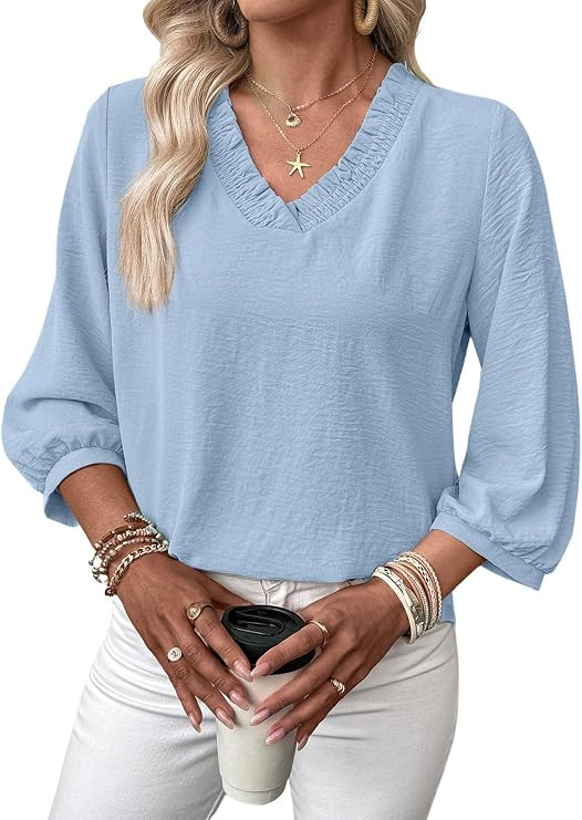 SHEWIN Women Smocked Neck Tops 3/4 Sleeve Loose Fit Shirts Business Dressy Casual 2026 | Amazon (US)
