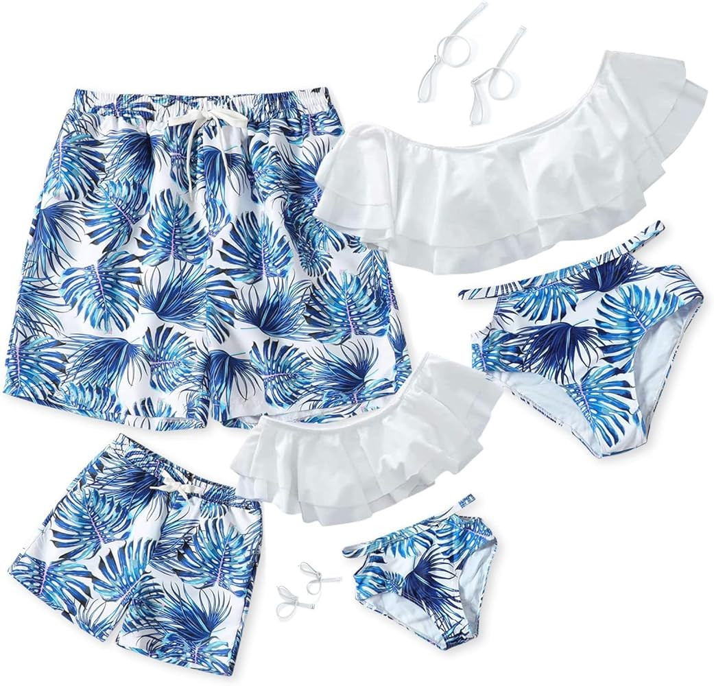 IFFEI Family Matching Swimsuits Two Pieces Ruffles Bikini Set Mommy and Me Bathing Suits with Str... | Amazon (US)