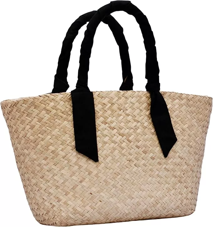 KALIDI Straw Tote Beach Bag Striped Shoulder Handbag Stitch Woven PU  Leather Handle Zipper Pocket Travel Shopping Picnic