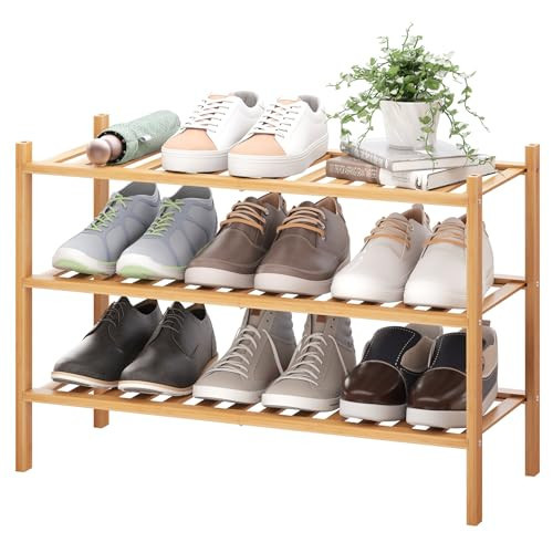 BMOSU 3-Tier Bamboo Shoe Rack Premium Stackable Shoe Shelf Storage Organizer for Hallway Closet Living Room Entryway Organizer (Natural Bamboo) | Amazon (US)