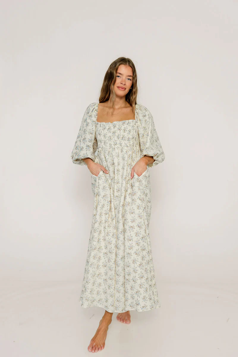 Noa Premium 100% Cotton Maxi Dress in Dusty Blue Floral - Bump Friendl | Worth Collective