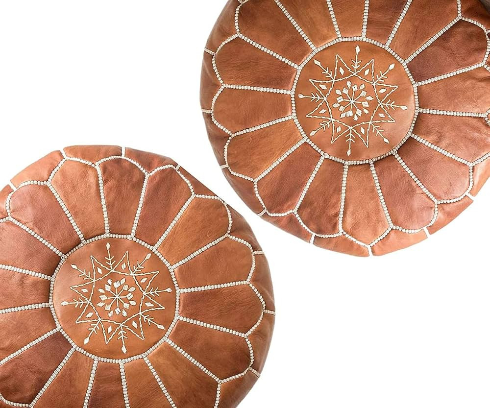 Set of 2 Genuine Unstuffed Tan Round Leather Pouf | Moroccan Ottoman Footstool, Footrest Cover | ... | Amazon (US)