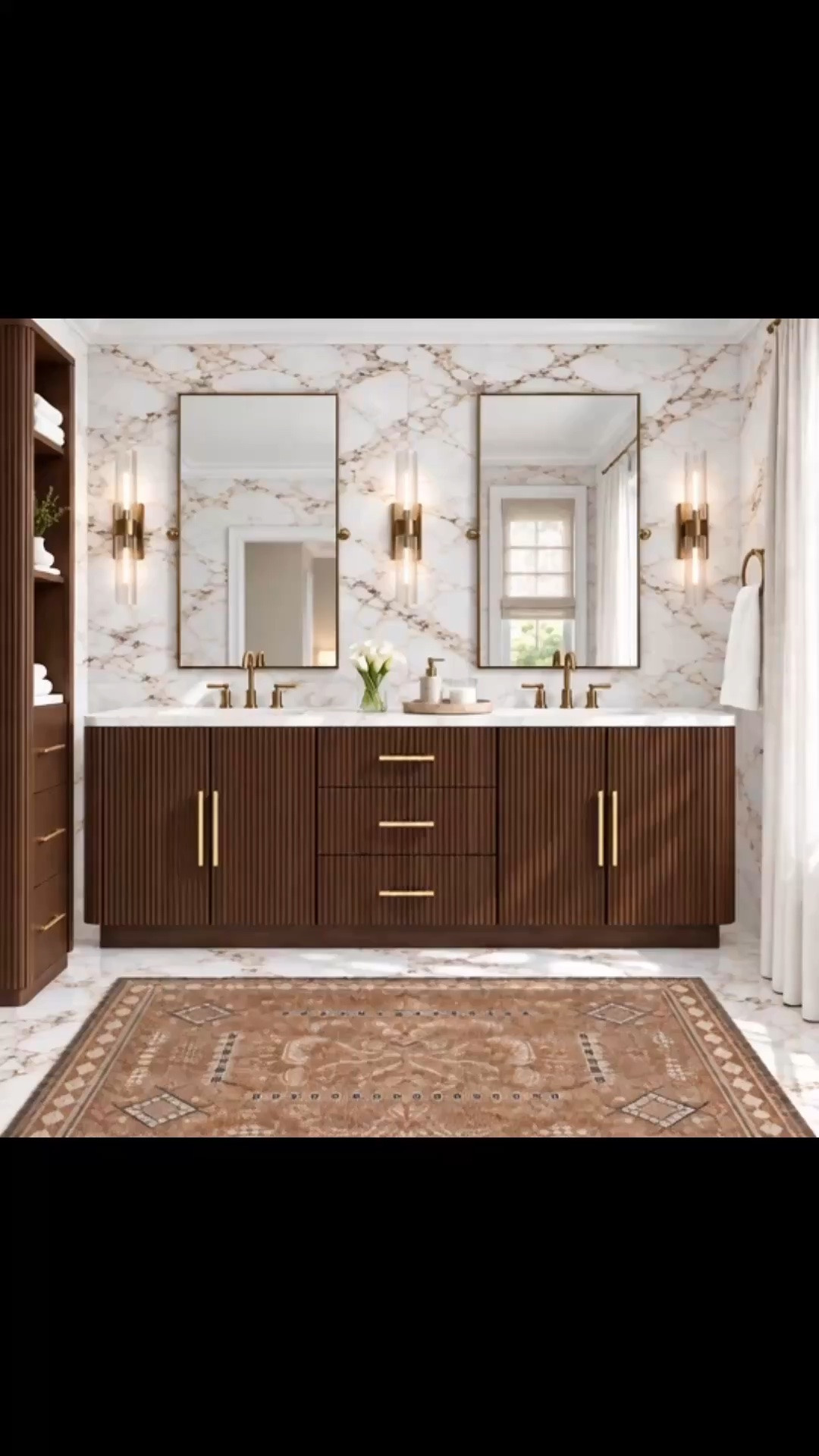 A master bath that makes the end of the day feel more peaceful. ✨ The Finnley Double Vanity anchors the space with its rich Mocha finish, dimensional detailing, softly rounded edges, and warm brass hardware. Generous drawers and cabinets keep everyday essentials organized, while the coordinating tall cabinet adds storage for towels and bath linens.

Two tall mirrors and three streamlined sconces bring a soft evening glow to the marble-look porcelain tile. The hand-knotted rug adds warmth and texture underfoot, and the drape gives the space a relaxed finish. Brass faucets, a decorative stone tray, soap dispenser, bathroom accessories, and white calla lilies keep the countertop polished and uncluttered.

Arhaus up to 50% off is ending soon—the perfect time to refresh your home for the holiday season.

#MasterBathroom #BathroomVanity #DoubleVanity #FinnleyVanity #BathroomStorage #TallCabinet #BathroomMirror #VanityLighting #WallSconce #MarbleTile #PorcelainTile #MarbleLookTile #BathroomRug #HandKnottedRug #BathroomFaucet #BrassHardware #BathroomAccessories #SoapDispenser #DecorativeTray #Drapes #WindowTreatments #FlowerArrangement #LuxuryBathroom #BathroomDecor #LTKHome #LTKSaleAlert #LTKSeasonal

#LTKdayinmylife #LTKHome #LTKSaleAlert