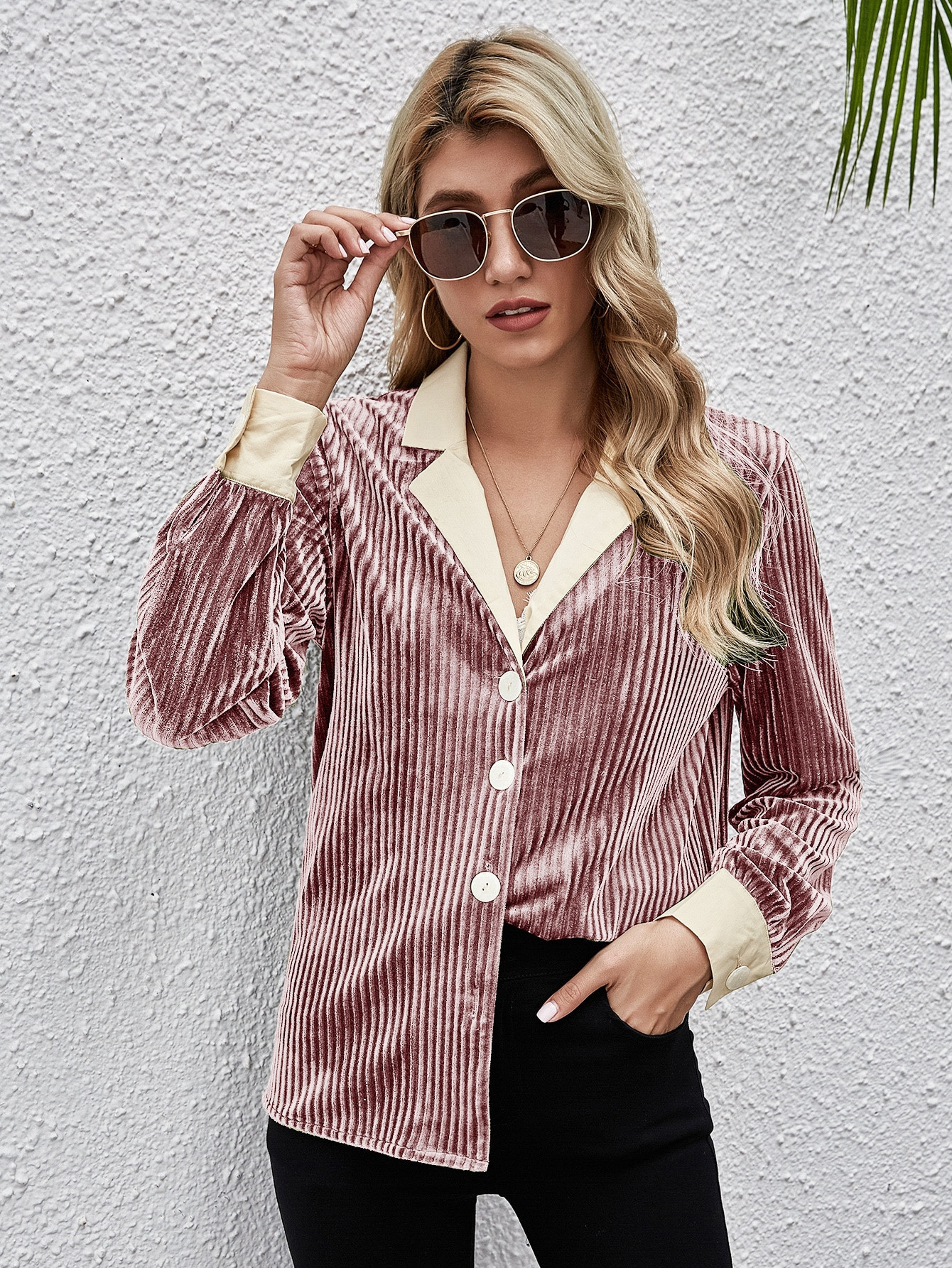 Contrast Lapel Neck Velvet Blouse | SHEIN
